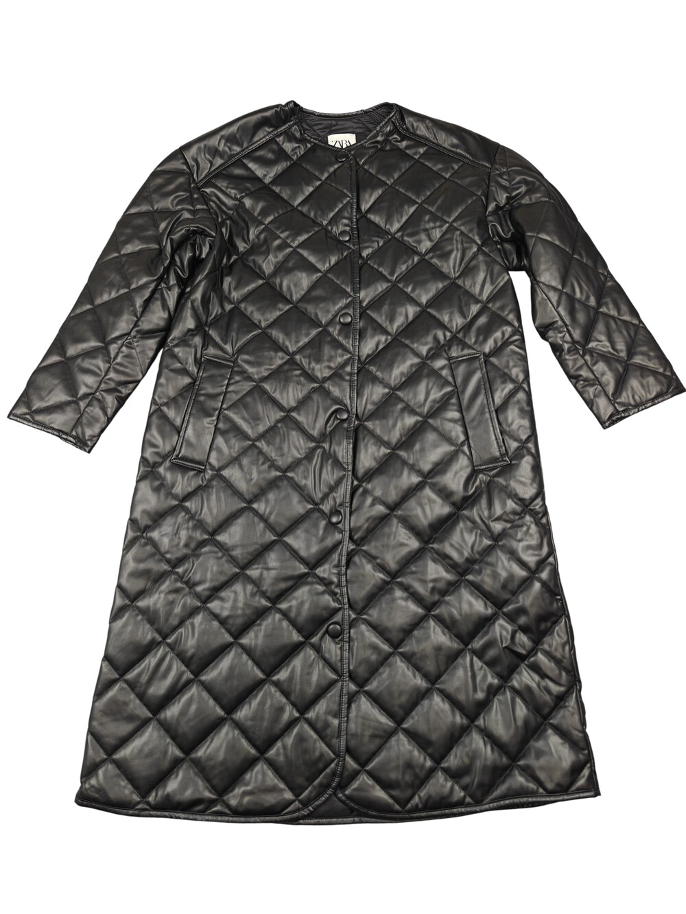ZARA Coat Womens Medium Black Faux Leather Quilted Long Lined Padded Collarless